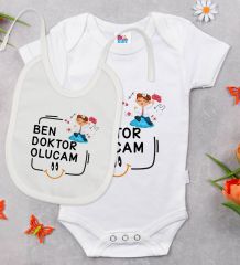 BK Kids Doktor Olucam Tasarımlı Beyaz Bebek Body Zıbın ve Mama Önlüğü Hediye Seti-1