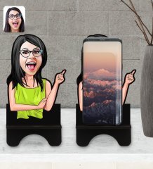 Kişiye Özel Kadın Karikatürlü Ahşap Biblo Telefon Standı-19