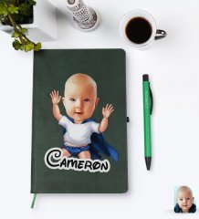 Kişiye Özel Bebek Karikatürlü Yeşil Termo Deri Defter Kalem Seti Model 3