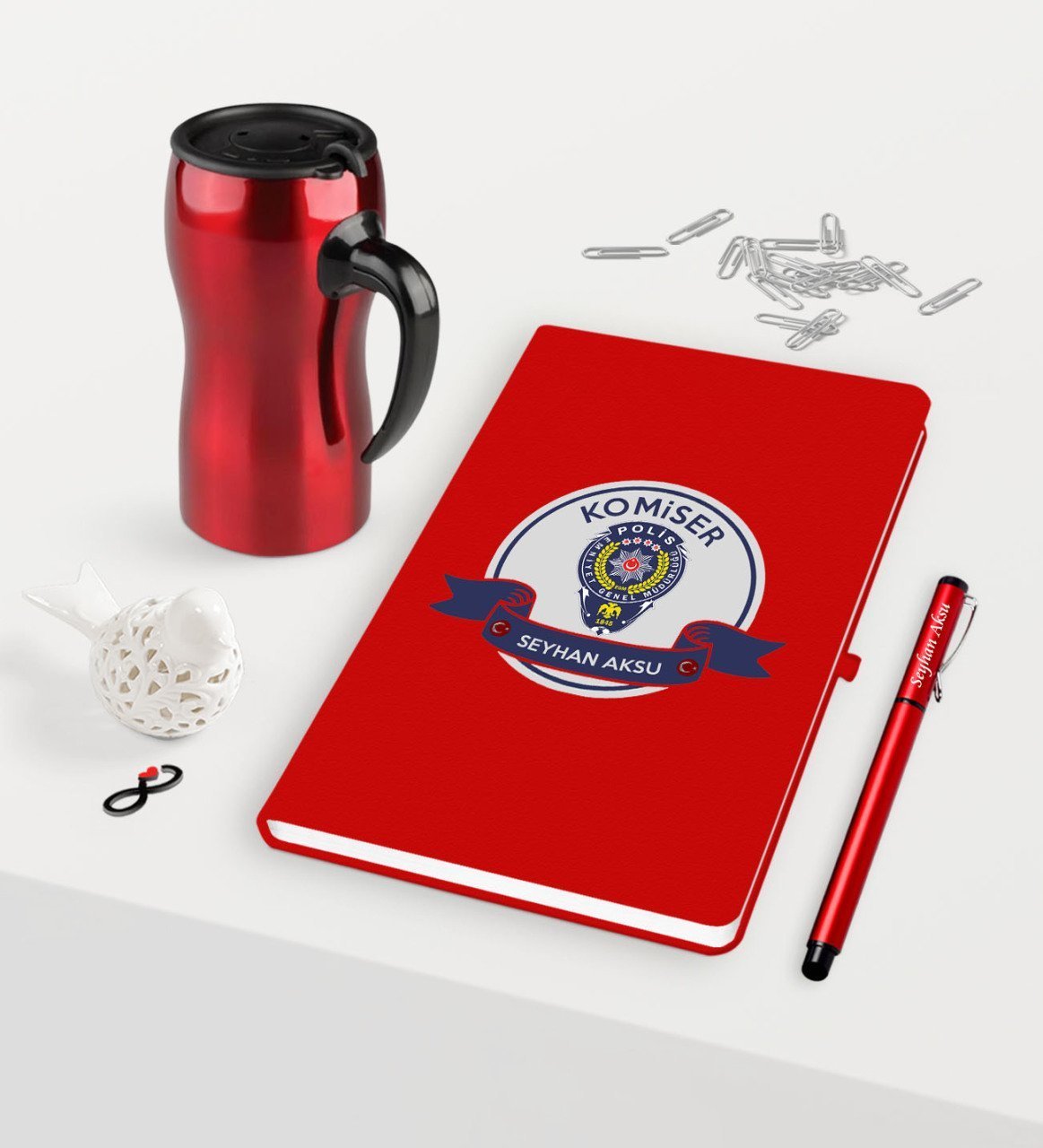 Kişiye Özel Komiser Temalı Kırmızı Defter Kalem Termos Mug Seti - 1
