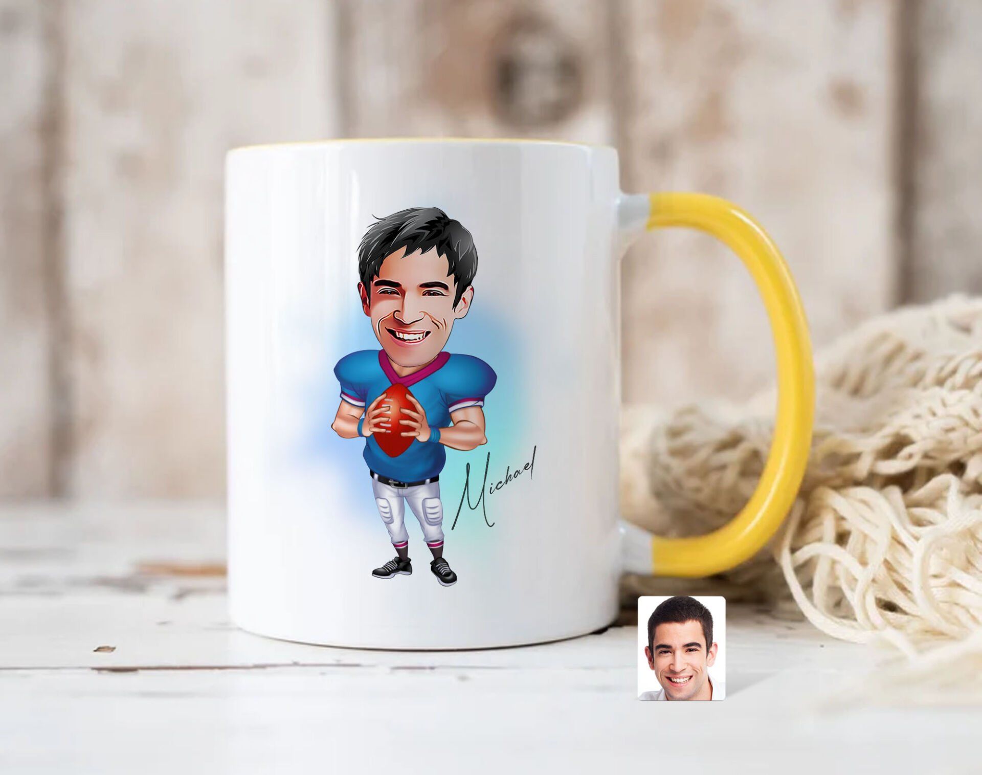 Bk Gift Kişiye Özel Amerikan Futbolcusu Karikatürlü Sarı Kupa Bardak-12, Sevgiliye Hediye, Arkadaşa Hediye