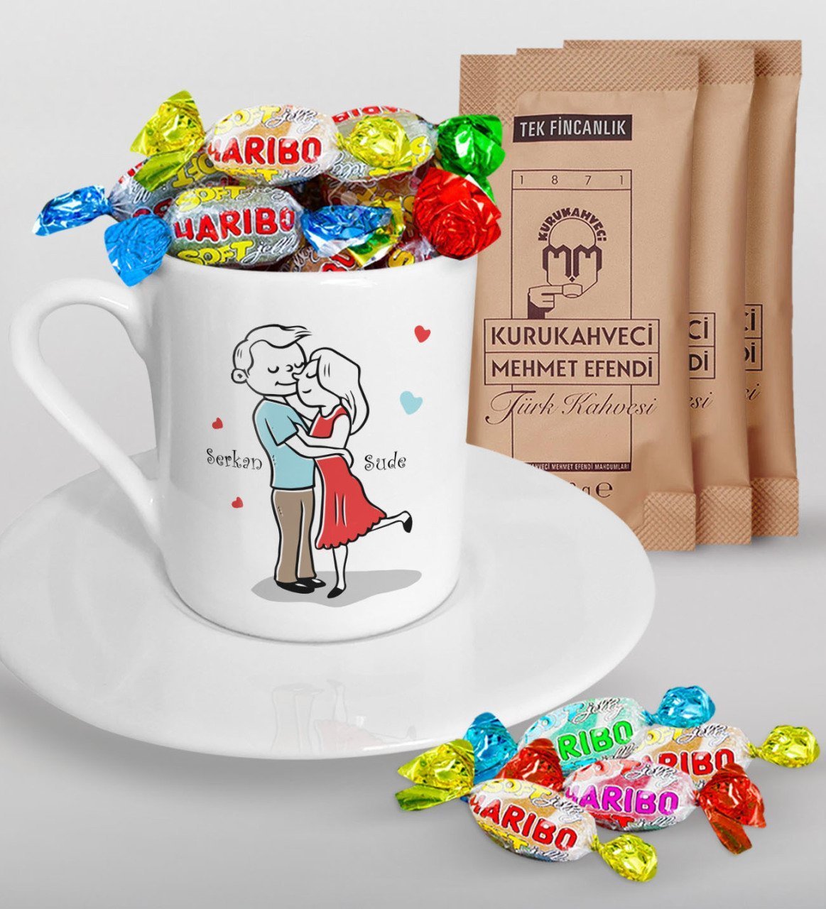 Kişiye Özel Sevgililer Günü Türk Kahvesi Fincanı Mehmet Efendi Kahve ve Haribo Şeker Hediye Seti-113