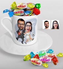 Kişiye Özel Sevgililer Karikatürlü Türk Kahvesi Fincanı ve Haribo Şeker Hediye Seti-15