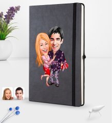 Kişiye Özel Sevgililer Karikatürlü Siyah Termo Deri Defter 16x24cm Model 2