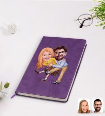 Kişiye Özel Sevgililer Karikatürlü Mor Termo Deri Defter Model 102