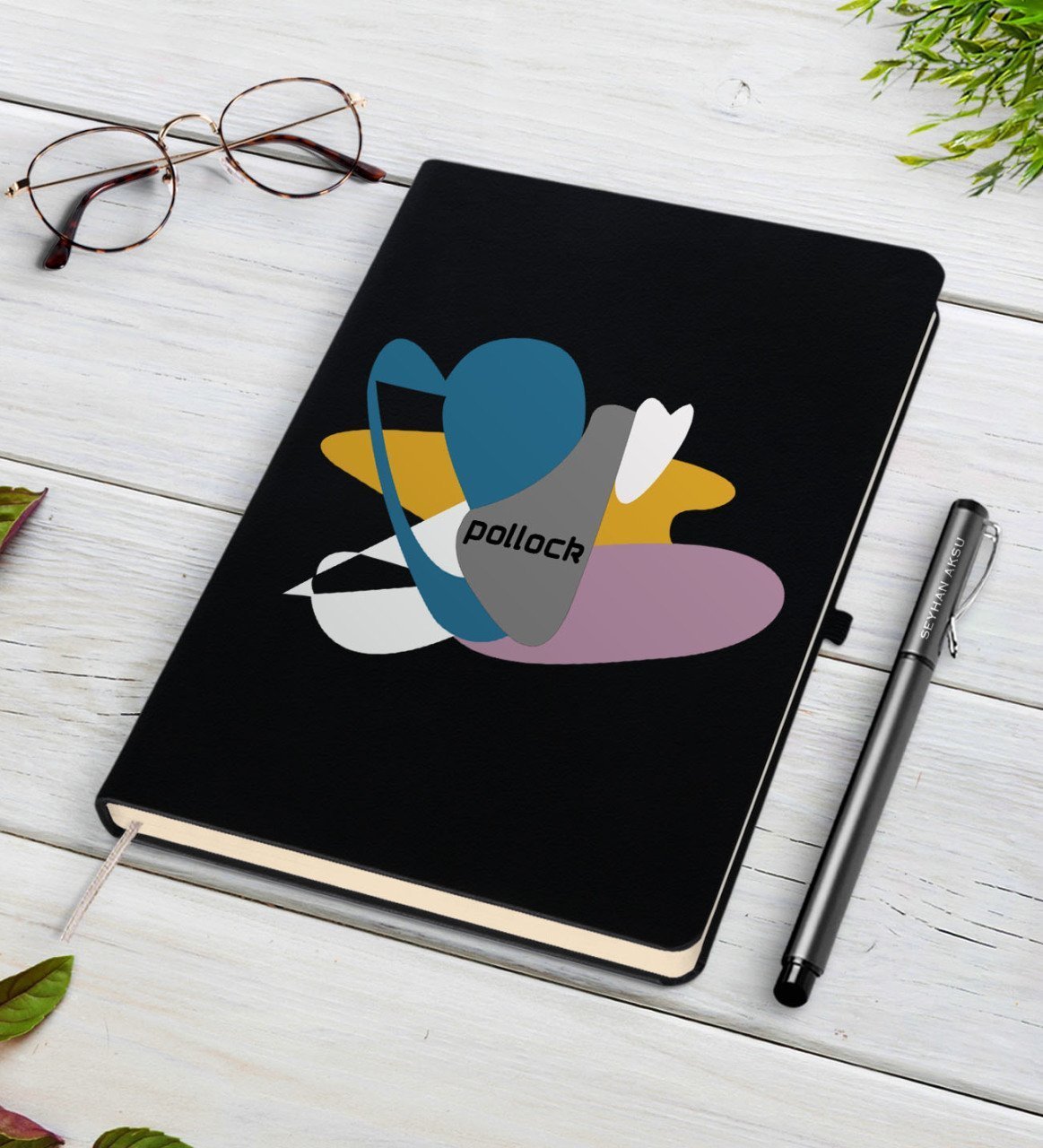 Kişiye Özel Pollock Tasarımlı Siyah Defter ve Kalem Hediye Seti