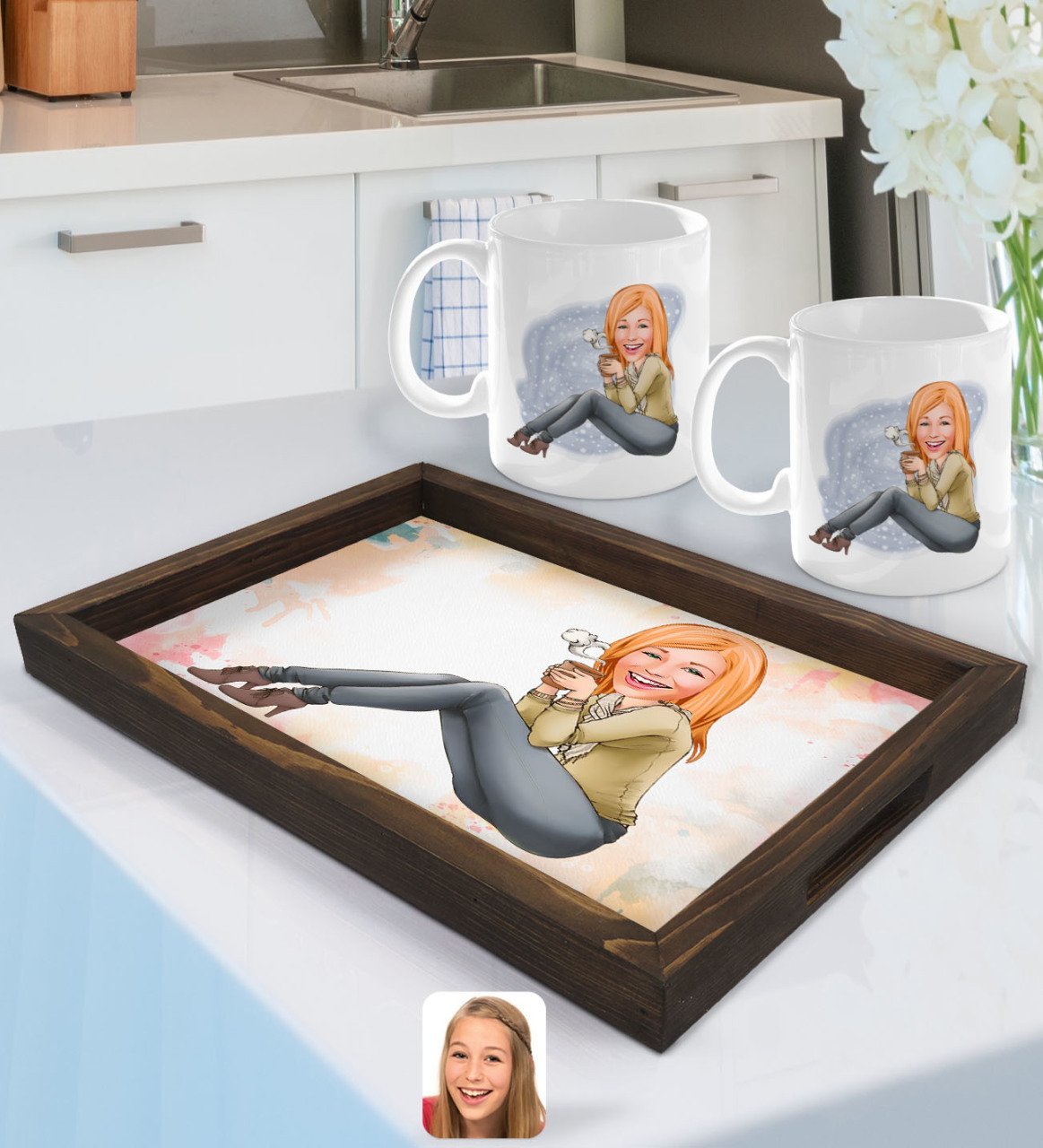 Kişiye Özel Kadın Karikatürlü Doğal Ahşap Tepsi ve 2’li Kupa Bardak Seti-102