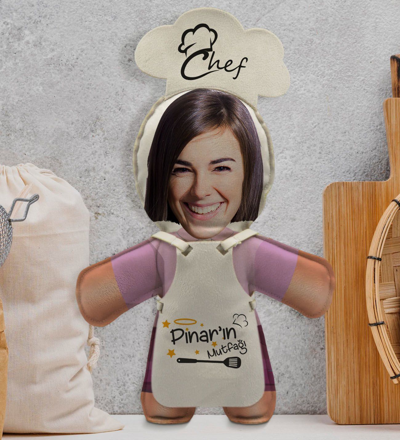 BK Gift Kişiye Özel Fotoğraflı Kadın Chef Bebek Yastık-1