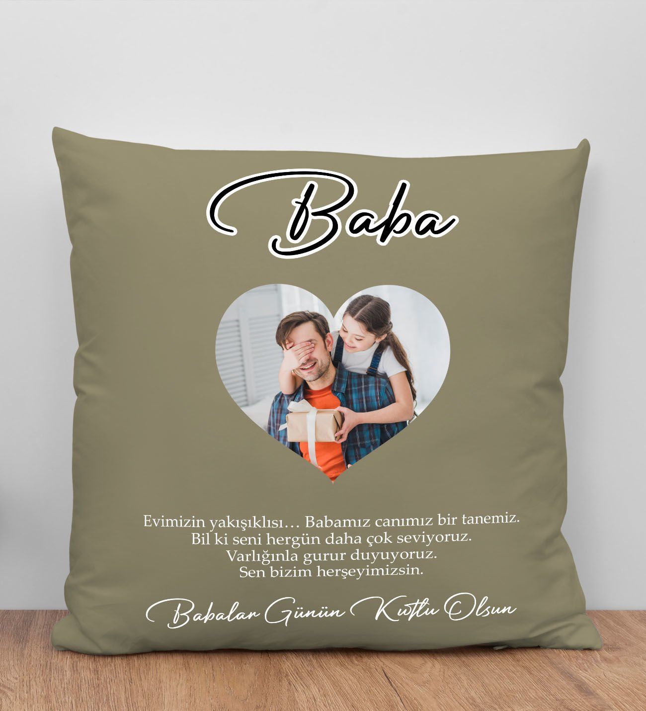BK Gift Kişiye Özel Fotoğraflı Babalar Günü Tasarımlı Haki Kırlent Yastık-4 Babaya Hediye, Ev Dekorasyonu, Babalar Günü Hediyesi