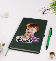 Kişiye Özel Bebek Karikatürlü Yeşil Termo Deri Defter Kalem Seti Model 2