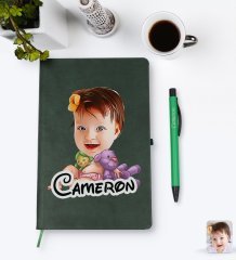Kişiye Özel Bebek Karikatürlü Yeşil Termo Deri Defter Kalem Seti Model 2