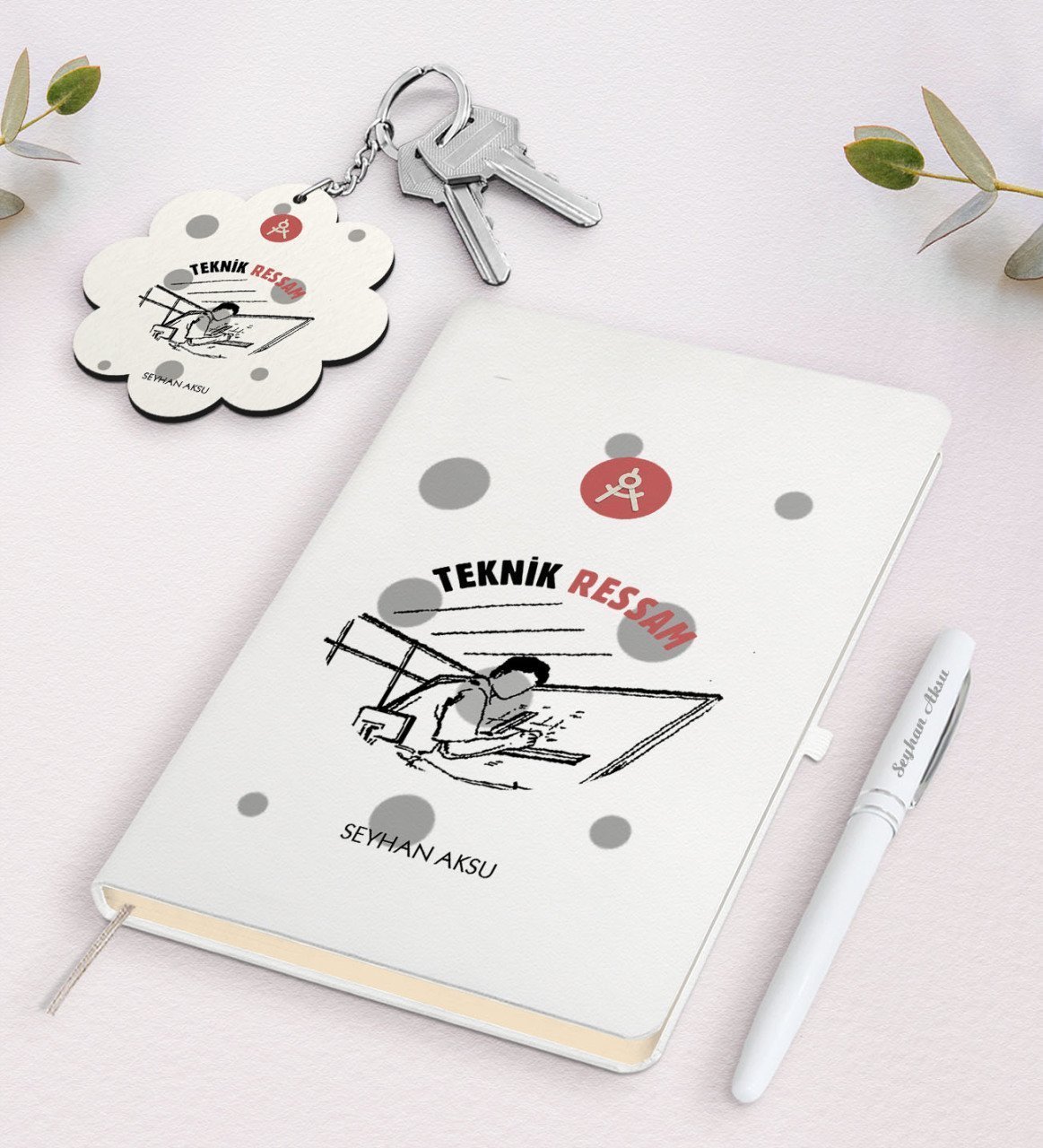 Kişiye Özel Teknik Ressam Beyaz Defter Kalem ve Anahtarlık Hediye Seti-2