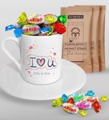 Kişiye Özel Sevgililer Günü Türk Kahvesi Fincanı Mehmet Efendi Kahve ve Haribo Şeker Hediye Seti-112