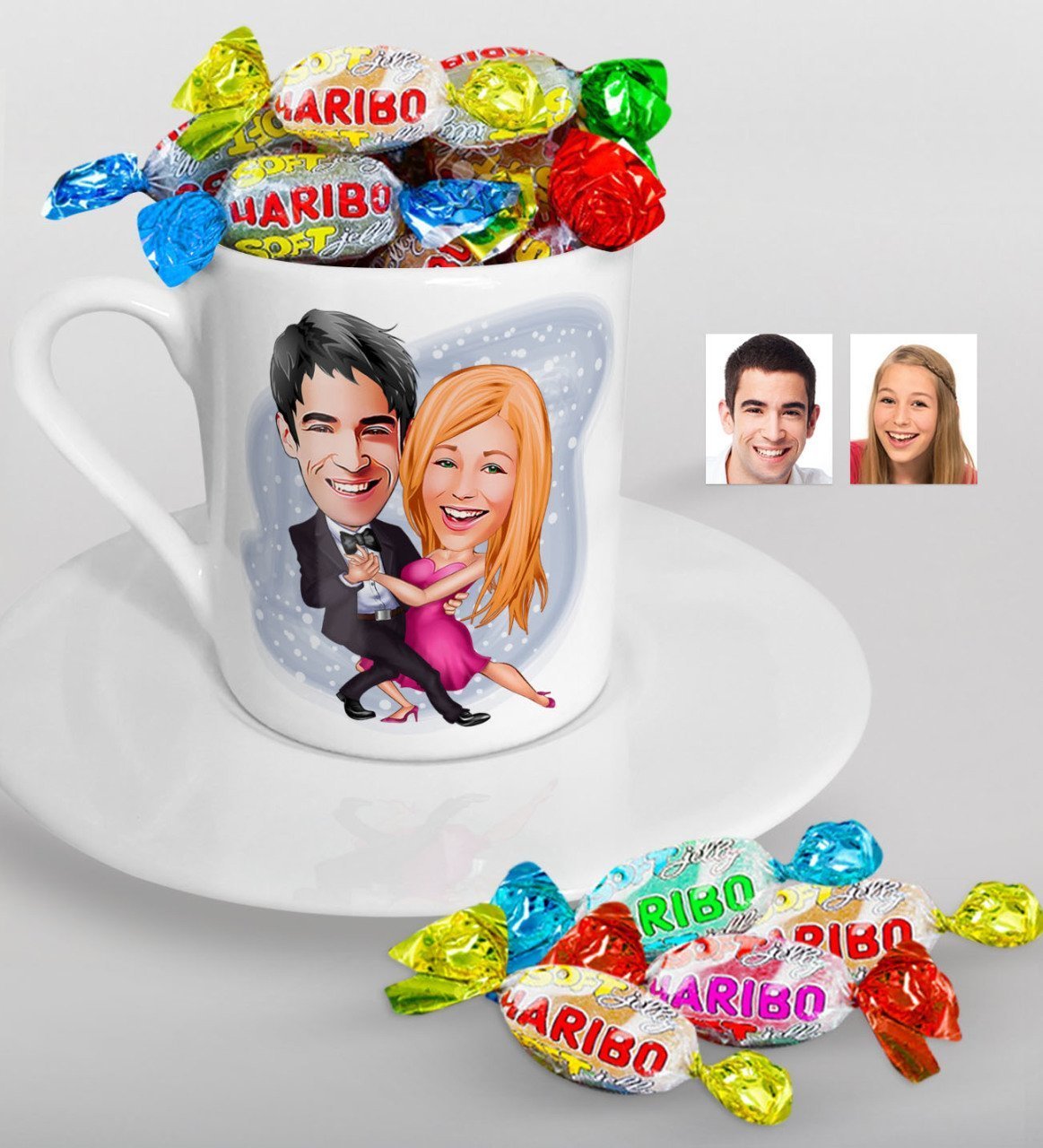 Kişiye Özel Sevgililer Karikatürlü Türk Kahvesi Fincanı ve Haribo Şeker Hediye Seti-13