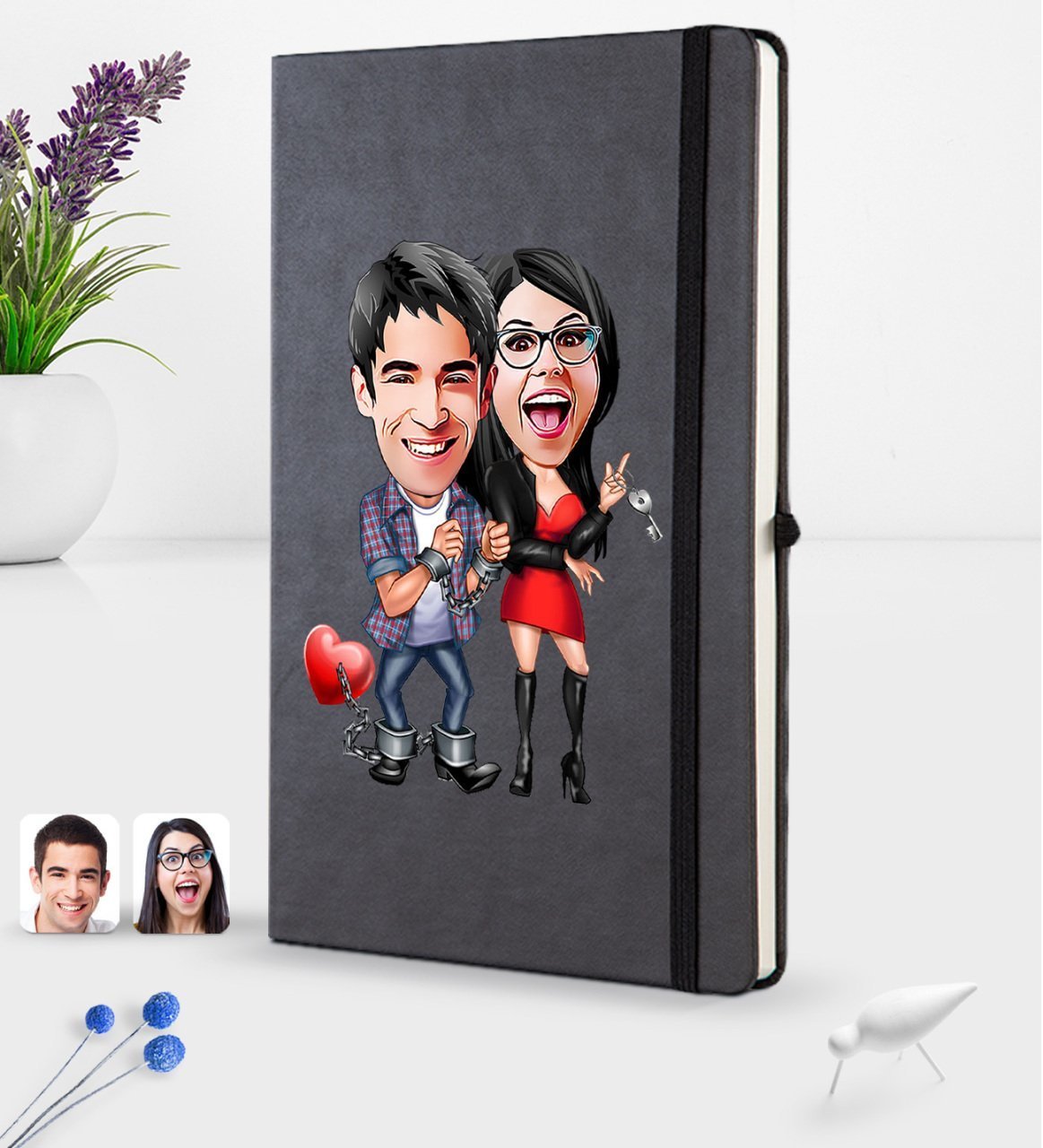 Kişiye Özel Sevgililer Karikatürlü Siyah Termo Deri Defter 16x24cm Model 1