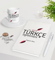 Kişiye Özel Türkçe Öğretmeni Beyaz Defter Kalem Türk Kahvesi Fincanı Seti-2