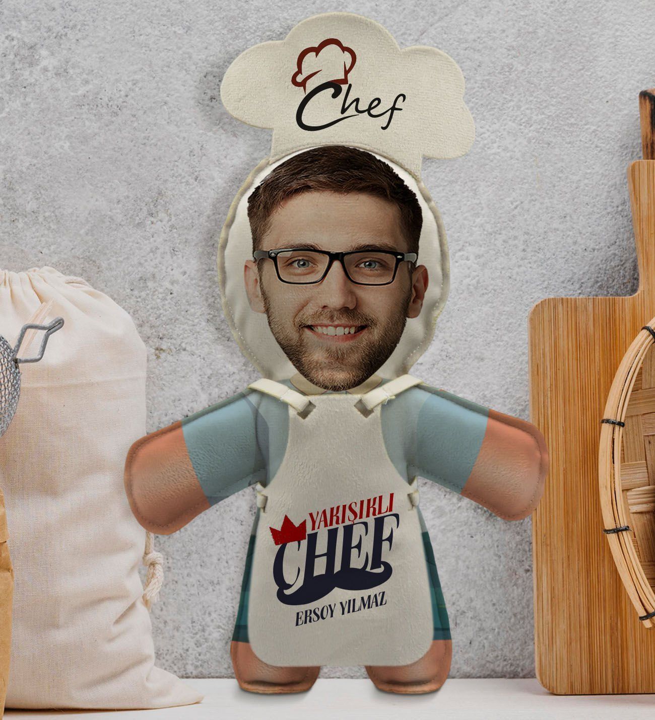BK Gift Kişiye Özel Fotoğraflı Erkek Chef Bebek Yastık-3