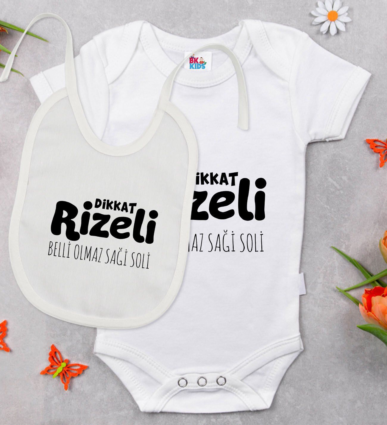 BK Kids Dikkat Rizeli Tasarımlı Beyaz Bebek Body Zıbın ve Mama Önlüğü Hediye Seti-1