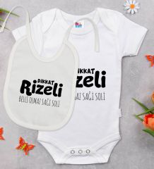BK Kids Dikkat Rizeli Tasarımlı Beyaz Bebek Body Zıbın ve Mama Önlüğü Hediye Seti-1