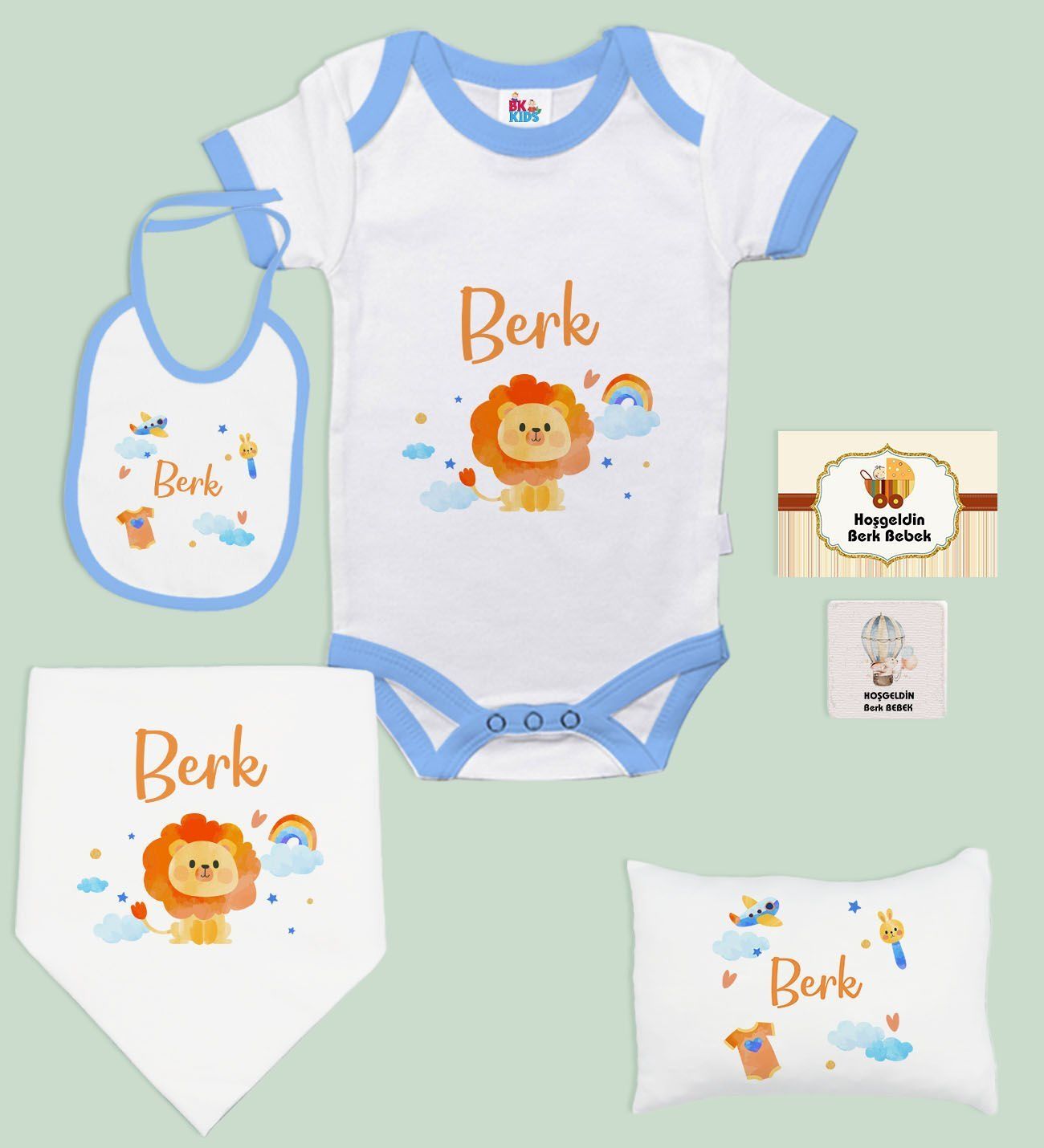 BK Kids Kişiye Özel İsimli 6 Parça Mavi Bebek Body Zıbın Battaniye ve Yastık Hediye Seti, Yeni Doğan Bebek Giyim Hediyesi-4