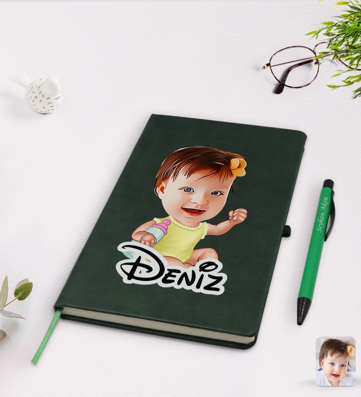 Kişiye Özel Bebek Karikatürlü Yeşil Termo Deri Defter Kalem Seti Model 1