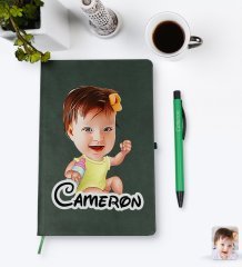 Kişiye Özel Bebek Karikatürlü Yeşil Termo Deri Defter Kalem Seti Model 1