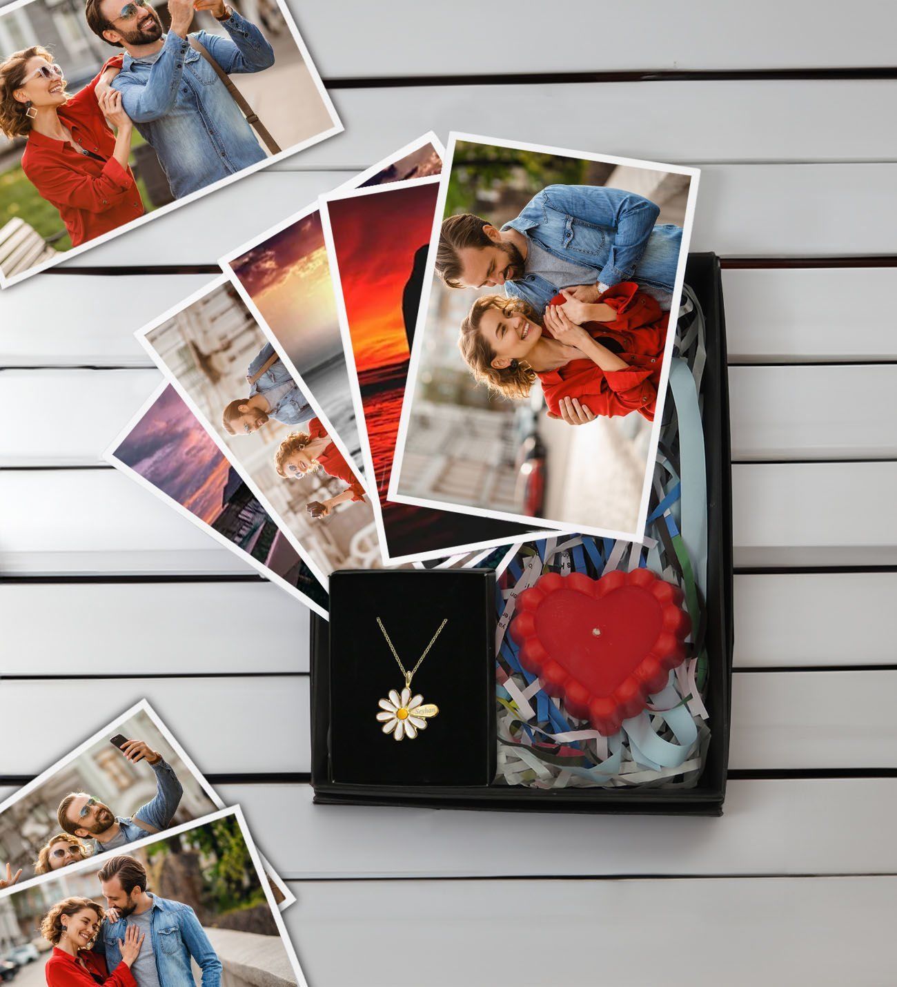 BK Gift Kişiye Özel 10 adet Fotoğraf Baskısı, İsimli Papatya Kolye ve Kırmızı Kalp Mum Hediye Seti, Sevgiliye Hediye, Yıl Dönümü Hediyesi