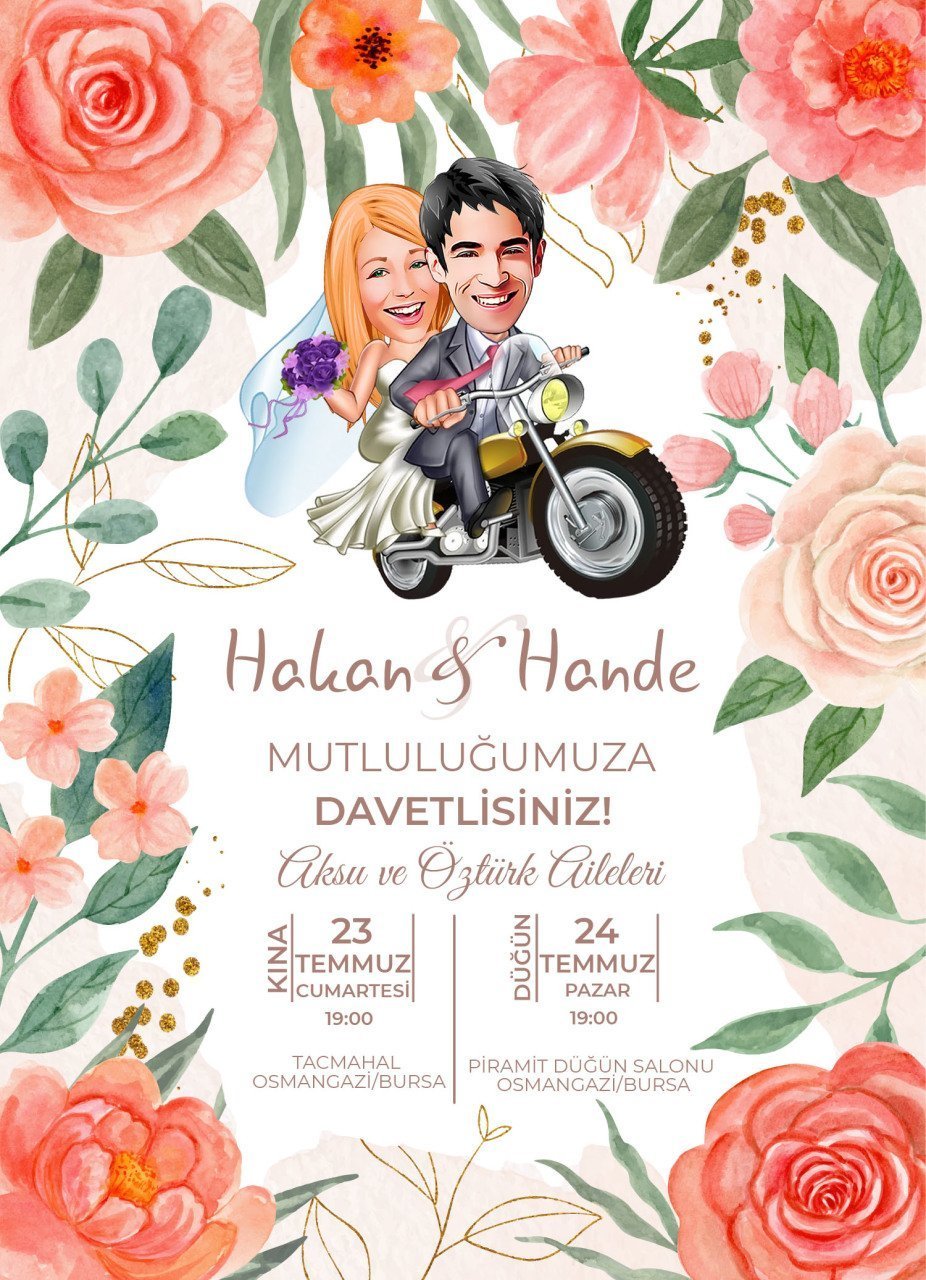 Kişiye Özel Karikatürlü Bitmeyen Düğün Davetiyesi Model 56
