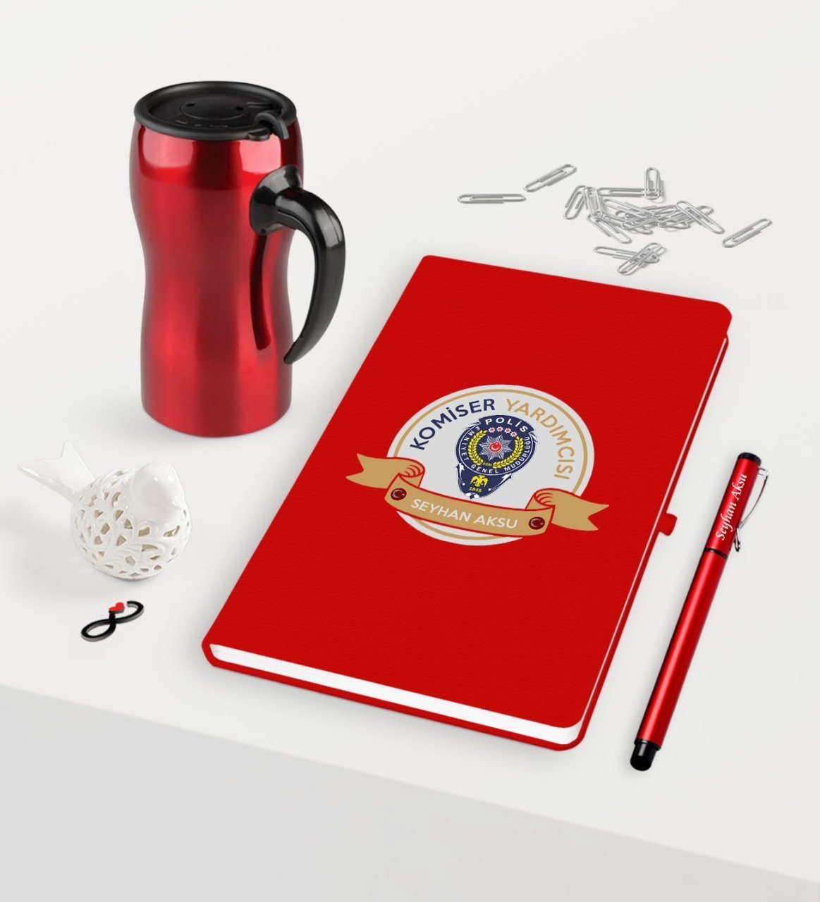 Kişiye Özel Komiser Yardımcısı Temalı Kırmızı Defter Kalem Termos Mug Seti - 1