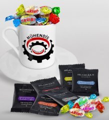 Kişiye Özel Mühendis Türk Kahvesi Fincanı Selamlique Karışık Türk Kahvesi ve Haribo Şeker Hediye Seti-3