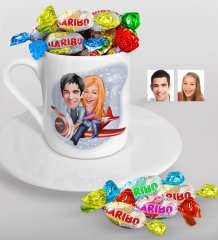 Kişiye Özel Sevgililer Karikatürlü Türk Kahvesi Fincanı ve Haribo Şeker Hediye Seti-11