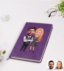 Kişiye Özel Sevgililer Karikatürlü Mor Termo Deri Defter Model 100