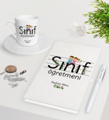 Kişiye Özel Sınıf Öğretmeni Beyaz Defter Kalem Türk Kahvesi Fincanı Seti-17