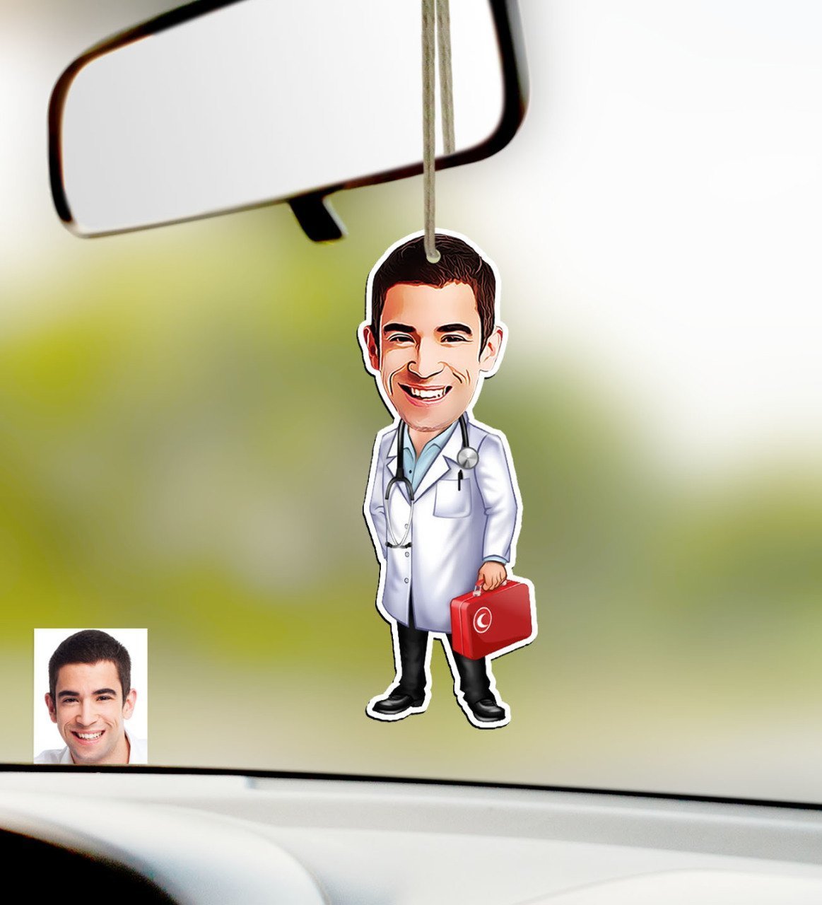 Kişiye Özel Bay Doktor Karikatürlü Ahşap Araba Dikiz Ayna Süsü-5