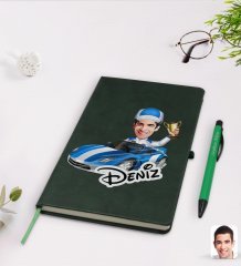 Kişiye Özel Erkek Rallici Karikatürlü Yeşil Termo Deri Defter Kalem Seti Model 1