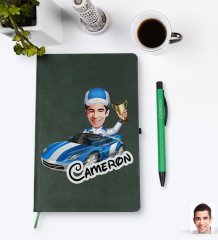 Kişiye Özel Erkek Rallici Karikatürlü Yeşil Termo Deri Defter Kalem Seti Model 1