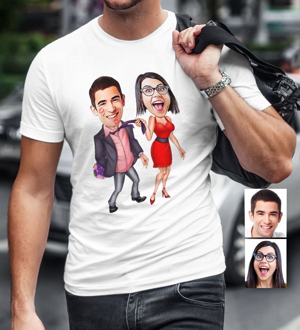 Kişiye Özel Sevgililer Karikatür Beyaz Erkek Tişört - 4