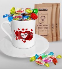 Kişiye Özel Sevgililer Günü Türk Kahvesi Fincanı Mehmet Efendi Kahve ve Haribo Şeker Hediye Seti-110