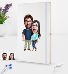 Kişiye Özel Sevgililer Karikatürlü Beyaz Termo Deri Defter 16x24cm Model 109