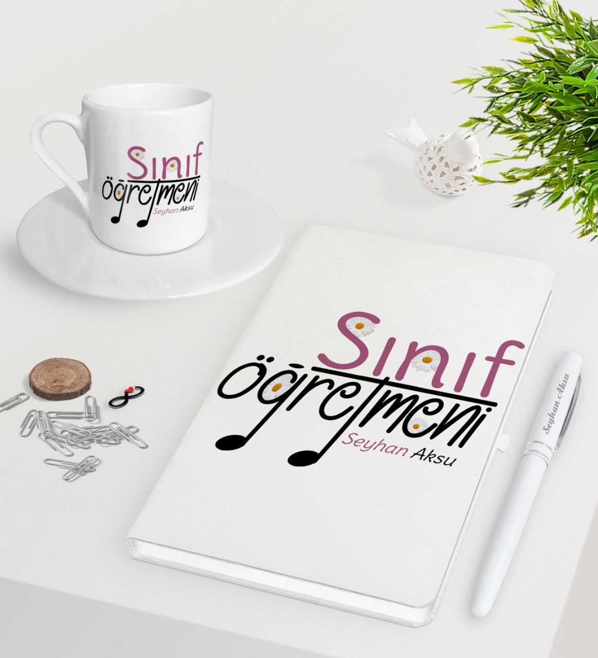 Kişiye Özel Sınıf Öğretmeni Beyaz Defter Kalem Türk Kahvesi Fincanı Seti-16