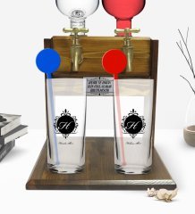 Kişiye Özel Renkli Baskılı Baş Harf İsim Tasarımlı İkili Vodka Bardağı ve Çift Musluklu Doğal Ahşap Vodka Standı-9