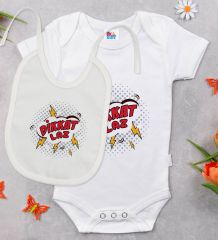 BK Kids Dikkat Laz Tasarımlı Beyaz Bebek Body Zıbın ve Mama Önlüğü Hediye Seti-1