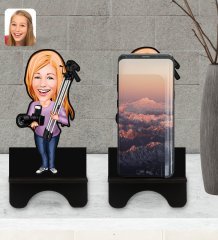 Kişiye Özel Kadın Fotoğrafçı Karikatürlü Ahşap Biblo Telefon Standı-1