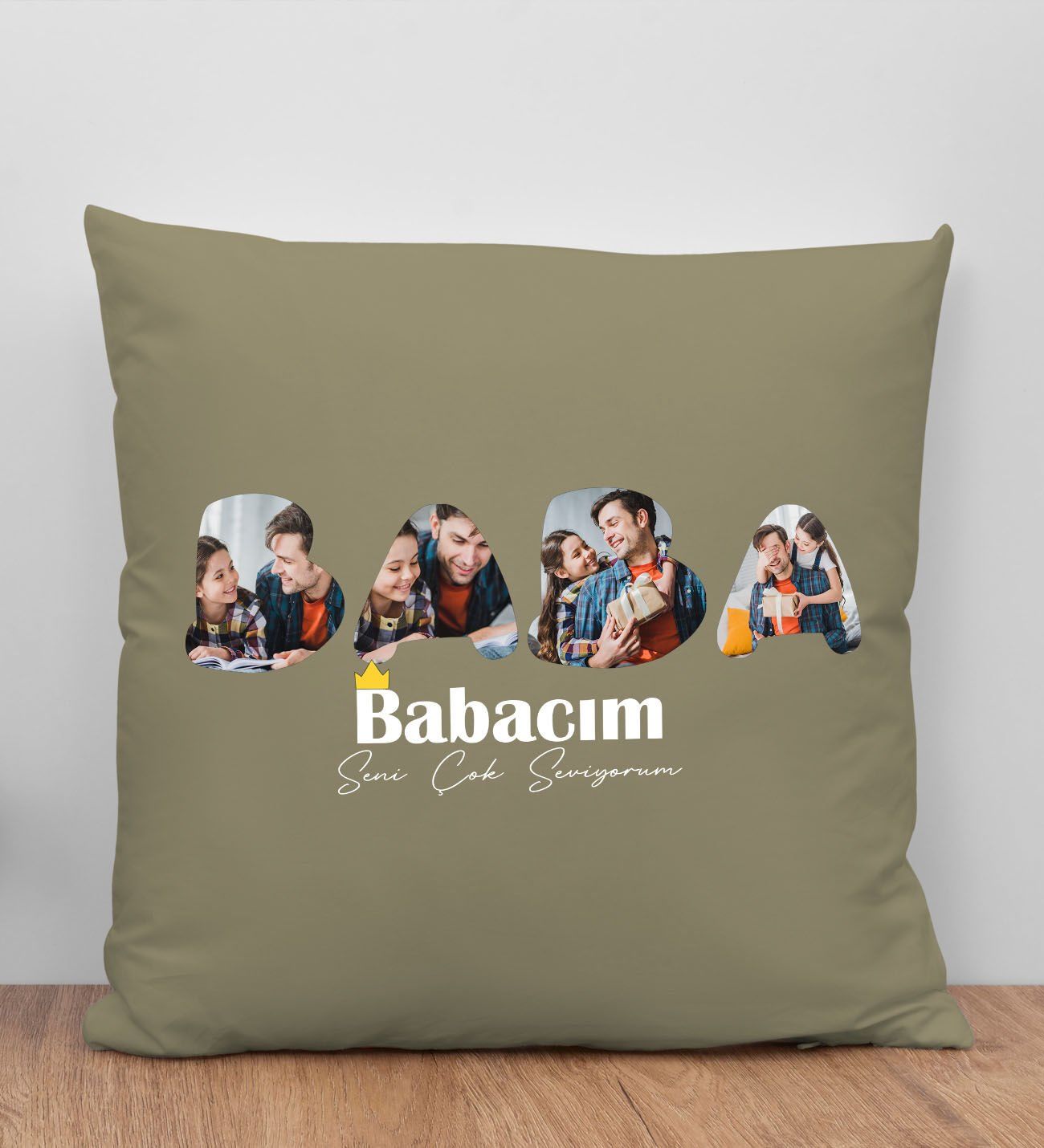 BK Gift Kişiye Özel Fotoğraflı Babalar Günü Tasarımlı Haki Kırlent Yastık-1 Babaya Hediye, Ev Dekorasyonu, Babalar Günü Hediyesi