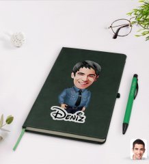 Kişiye Özel Erkek Polis Karikatürlü Yeşil Termo Deri Defter Kalem Seti Model 3