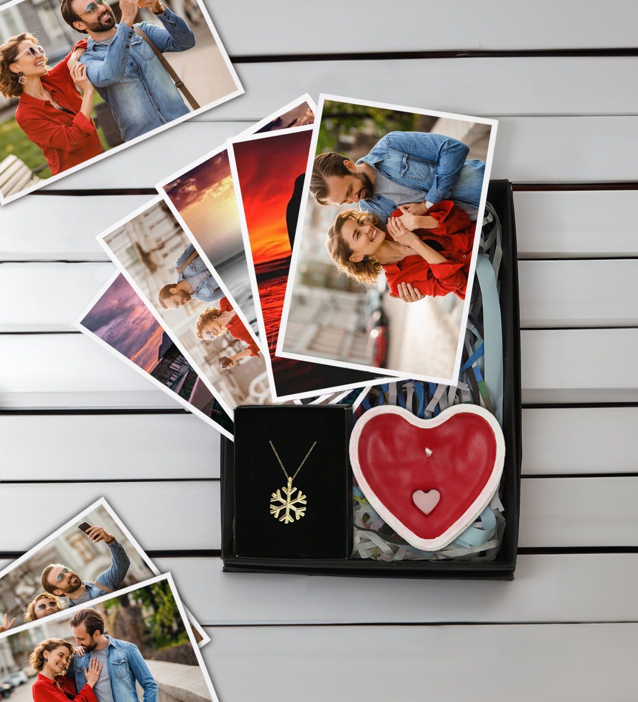 BK Gift Kişiye Özel 10 adet Fotoğraf Baskısı, Kar Tanesi Kolye ve Kalp Taş Objeli Mum Hediye Seti, Sevgiliye Hediye, Yıl Dönümü Hediyesi