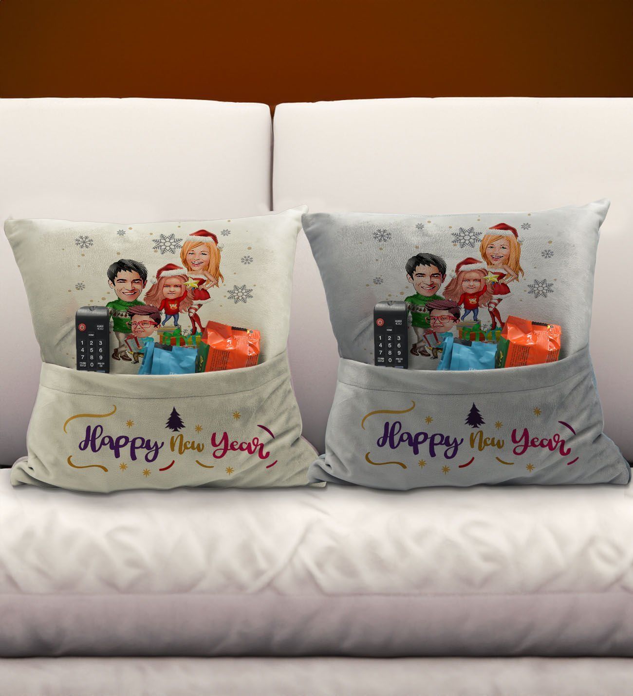 BK Gift Kişiye Özel Yılbaşı Karikatür Tasarımlı 2'li Organizer Kumanda ve Atıştırmalık Cepli Krem&Gri Kırlent Yastık- 5, Yılbaşı Hediyesi, Yeni Yıl Hediyeleri
