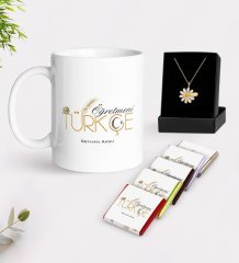 Kişiye Özel Türkçe Öğretmeni Beyaz Kupa Çikolata ve İsimli Papatya Kolye Hediye Seti