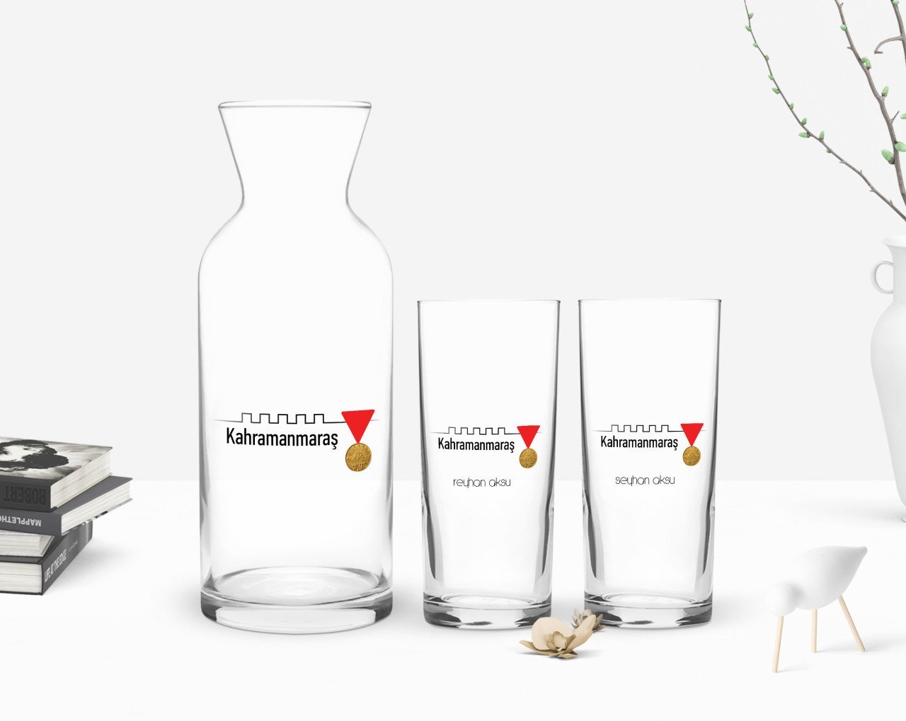 Kişiye Özel Renkli Baskılı Kahramanmaraş Tasarımlı Turistik İkili Rakı Bardağı ve Karaf Hediye Seti-1