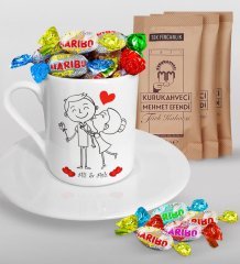 Kişiye Özel Sevgililer Günü Türk Kahvesi Fincanı Mehmet Efendi Kahve ve Haribo Şeker Hediye Seti-109
